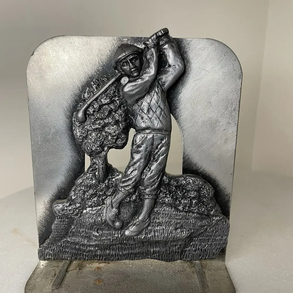 Golfer Bookends Silver Pewter Tone Metal Golf Golfing PGA